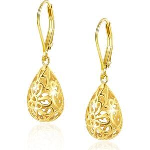 14K Gold French Style Leverback Heart Dangle Drop Earrings for Women